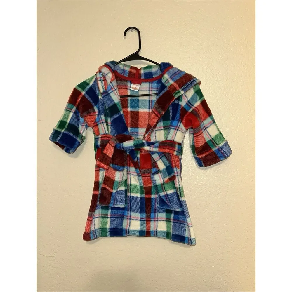 Cat & Jack Plaid Fleece Hooded Robe Tie Waist Pockets Red Green Blue 2t/3t